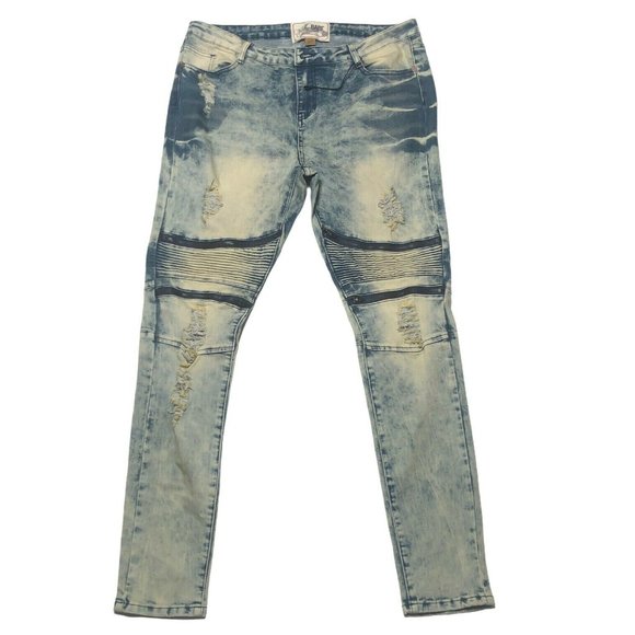 Soho Babe Skinny Distressed Moto Zipper Jeans - Picture 1 of 12